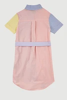 Girls Linen Color Blocked Pinstripe Shirt Dress, Multi,