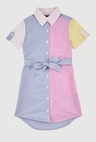 Girls Linen Color Blocked Pinstripe Shirt Dress, Multi,