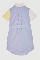 Girls Linen Color Blocked Pinstripe Shirt Dress, Multi,