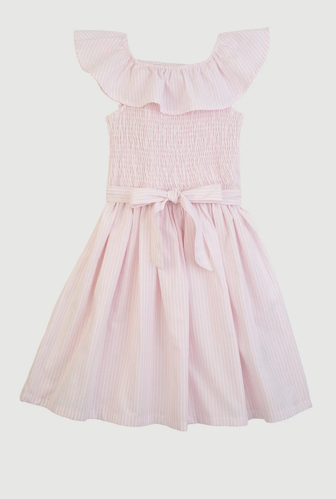 Girls Striped Smocked Skater Dress, Pink,