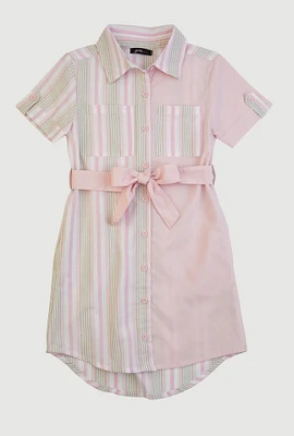 Girls Color Blocked Striped Shirt Dress, Pink, Size 10-12