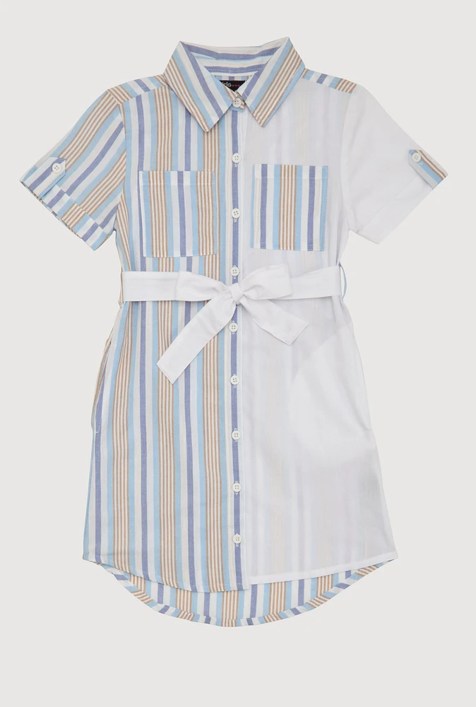 Girls Color Blocked Striped Shirt Dress, Blue,