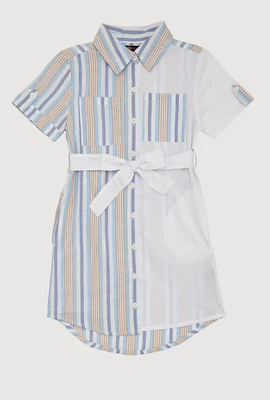 Girls Color Blocked Striped Shirt Dress, Blue,