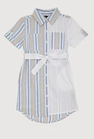Girls Color Blocked Striped Shirt Dress, Blue,