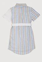 Girls Color Blocked Striped Shirt Dress, Blue,