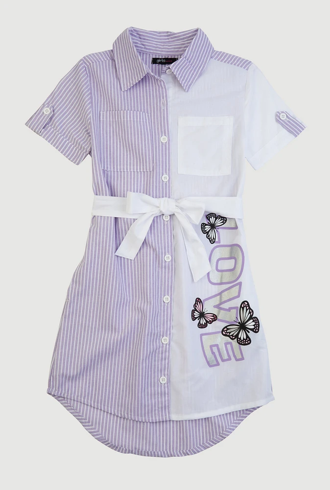 Girls Striped Love Butterfly Graphic Shirt Dress, Purple, Size 10-12