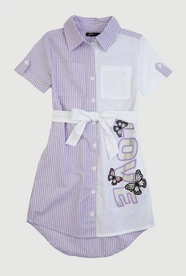 Girls Striped Love Butterfly Graphic Shirt Dress, Purple, Size 10-12