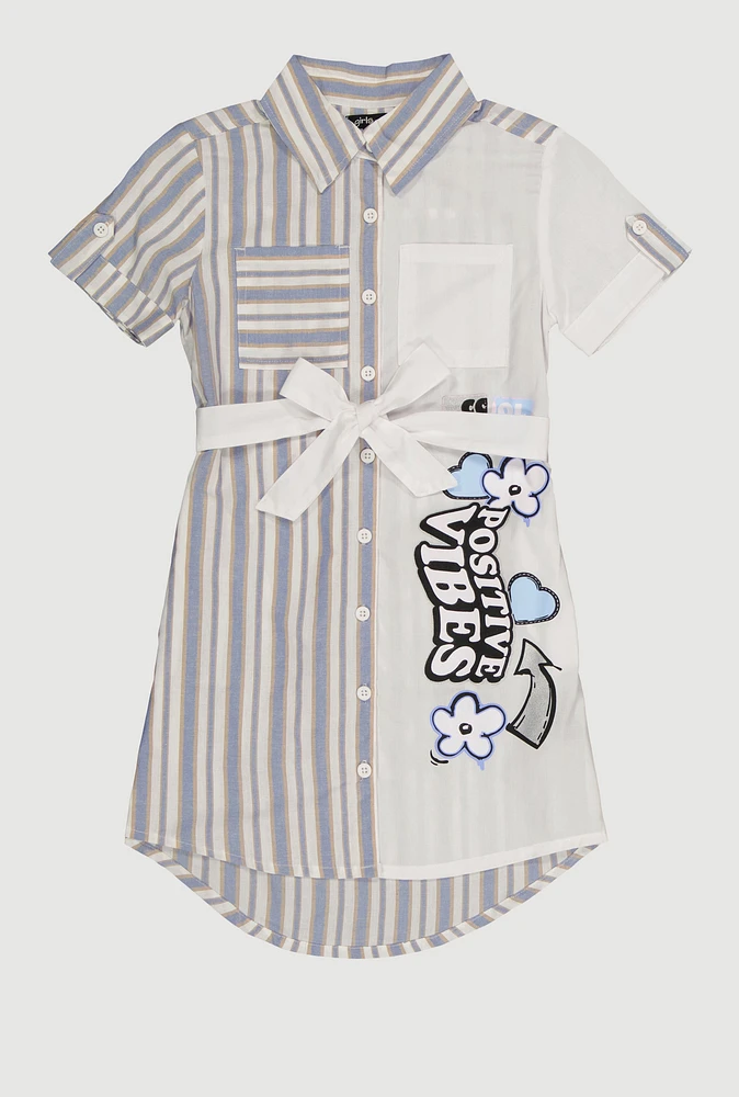 Girls Striped Positive Vibes Graphic Shirt Dress, Blue, Size 14-16