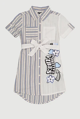 Girls Striped Positive Vibes Graphic Shirt Dress, Blue, Size 14-16