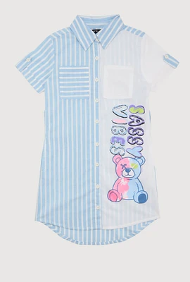 Girls Striped Sassy Vibes Graphic Shirt Dress, Blue, Size 14-16