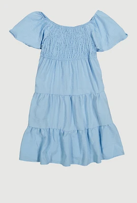 Girls Smocked Tiered Dress, Blue, Size 10-12