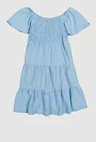 Girls Smocked Tiered Dress, Blue,