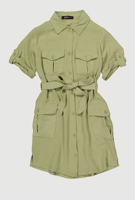 Girls Airy Utility Shirt Dress, Green, Size 10-12