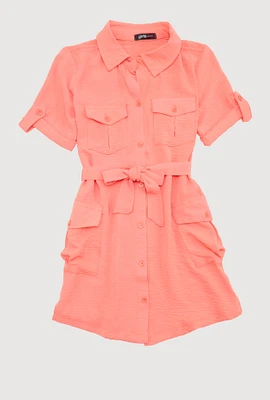 Girls Airy Utility Shirt Dress, Orange, Size 10-12
