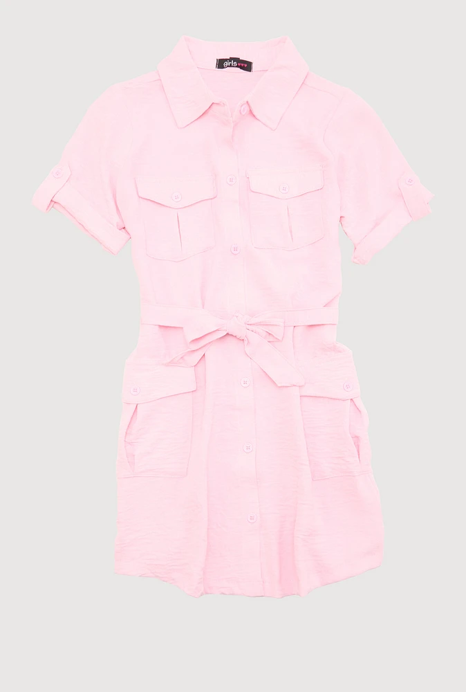Girls Airy Utility Shirt Dress, Pink, Size 7-8