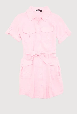 Girls Airy Utility Shirt Dress, Pink, Size 7-8