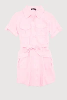 Girls Airy Utility Shirt Dress, Pink, Size 7-8