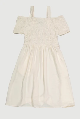 Girls Smocked Cold Shoulder Dress, White,