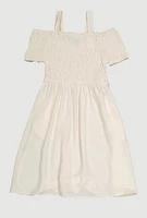 Girls Smocked Cold Shoulder Dress, White,