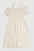 Girls Smocked Cold Shoulder Dress, White,
