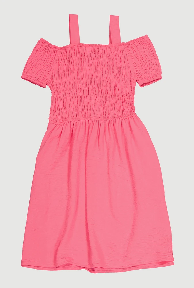Girls Smocked Cold Shoulder Dress, Pink, Size 10-12