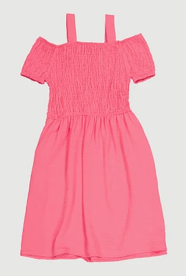 Girls Smocked Cold Shoulder Dress, Pink, Size 10-12