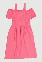 Girls Smocked Cold Shoulder Dress, Pink, Size 10-12