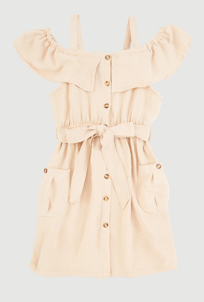Girls Cold Shoulder Ruffle Overlay Dress, Beige, Size 10-12