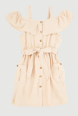 Girls Cold Shoulder Ruffle Overlay Dress, Beige, Size 10-12