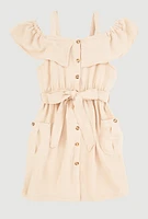 Girls Cold Shoulder Ruffle Overlay Dress, Beige, Size 10-12