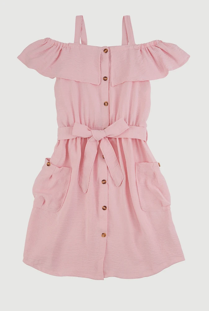 Girls Cold Shoulder Ruffle Overlay Dress, Pink, Size 10-12