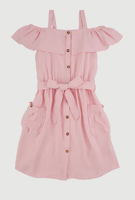 Girls Cold Shoulder Ruffle Overlay Dress, Pink, Size 10-12