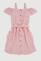 Girls Cold Shoulder Ruffle Overlay Dress, Pink, Size 10-12