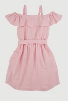 Girls Cold Shoulder Ruffle Overlay Dress, Pink, Size 7-8