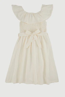 Girls Airy Ruffle Overlay Tie Waist Skater Dress, White, Size 7-8