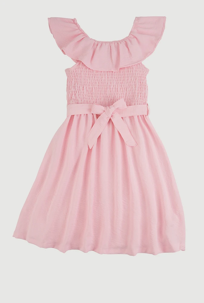 Girls Airy Ruffle Overlay Tie Waist Skater Dress,