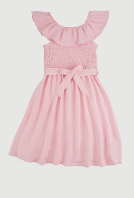 Girls Airy Ruffle Overlay Tie Waist Skater Dress,