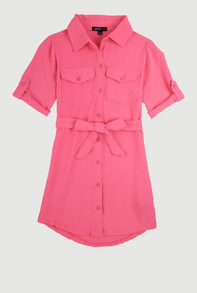 Girls Airy Tabbed Sleeve Shirt Dress, Pink, Size 7-8