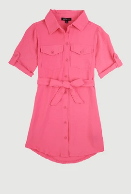 Girls Airy Tabbed Sleeve Shirt Dress, Pink, Size 7-8