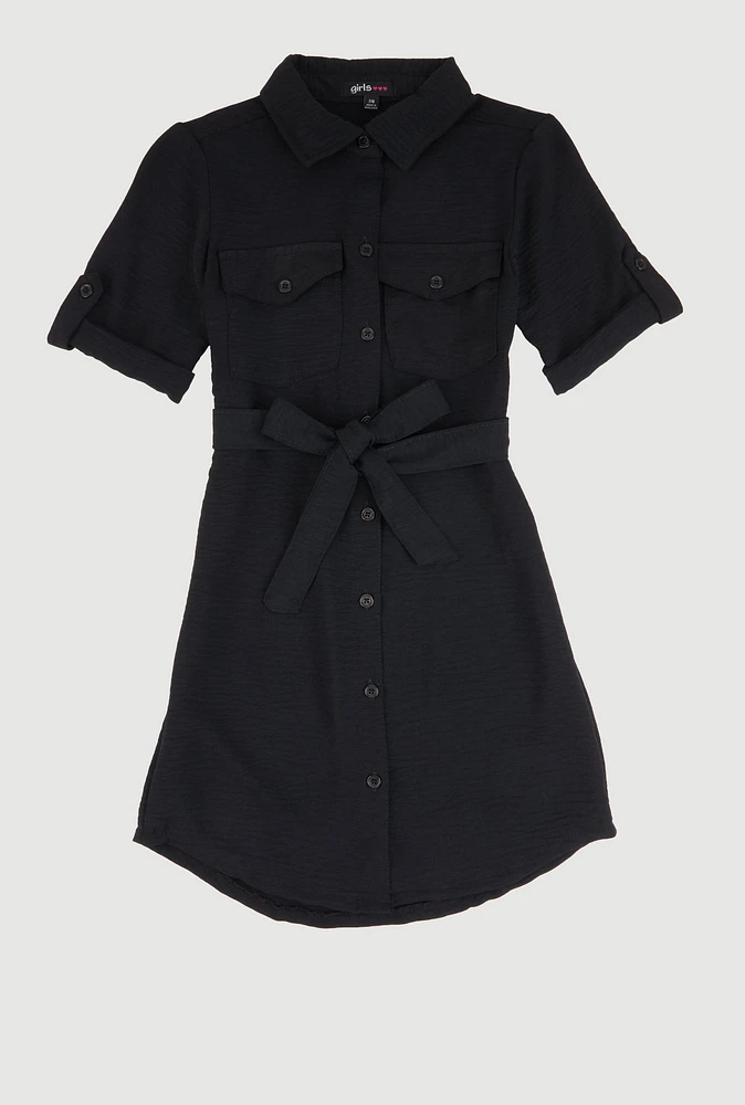 Girls Airy Tabbed Sleeve Shirt Dress, Black, Size 7-8