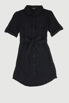 Girls Airy Tabbed Sleeve Shirt Dress, Black, Size 7-8