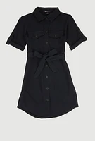 Girls Airy Tabbed Sleeve Shirt Dress, Black, Size 7-8