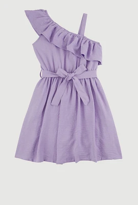 Girls Airy One Shoulder Ruffle Overlay Skater Dress, Purple, Size 10-12