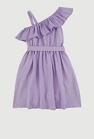 Girls Airy One Shoulder Ruffle Overlay Skater Dress, Purple, Size 10-12