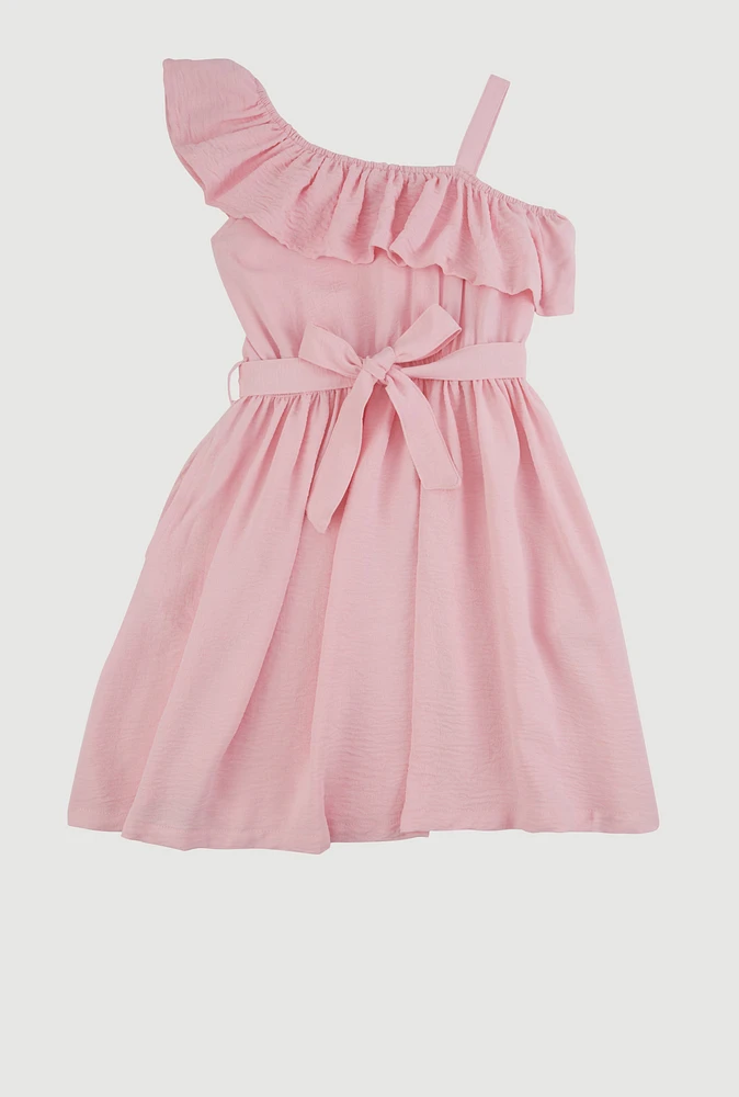Girls Airy One Shoulder Ruffle Overlay Skater Dress, 10-12