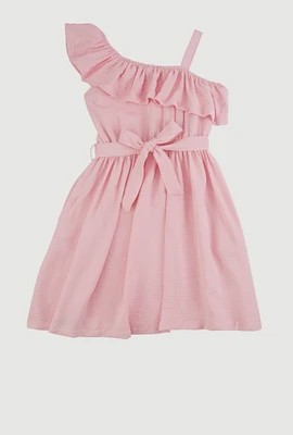 Girls Airy One Shoulder Ruffle Overlay Skater Dress, 10-12