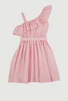 Girls Airy One Shoulder Ruffle Overlay Skater Dress, 10-12