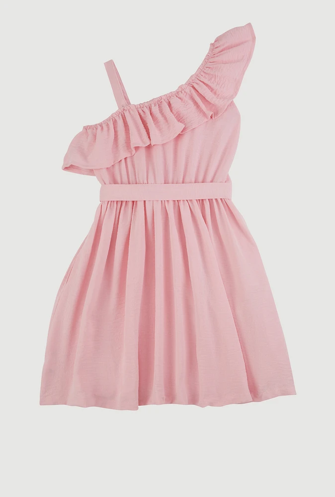 Girls Airy One Shoulder Ruffle Overlay Skater Dress, Pink, Size 10-12