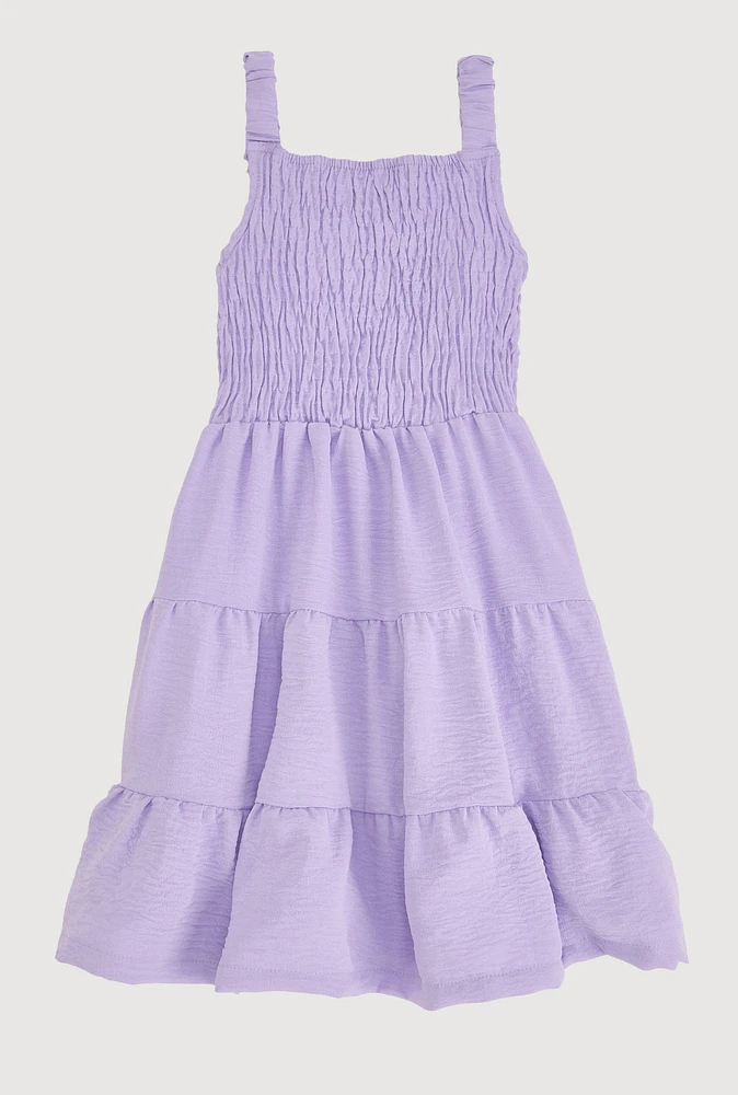 Girls Airy Smocked Tiered Sundress, Purple, Size 10-12