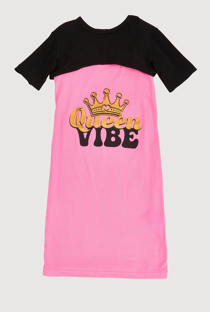 Girls Queen Vibe Tank Dress with Short Sleeve Shrug, Pink, Size 14-16